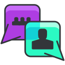 Two speech bubbles with a person in the center