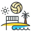 Una scena sulla spiaggia con un pallone da pallavolo e palme