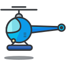A blue helicopter is flying in the sky