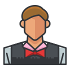 Un uomo con un papillon rosso e un gilet nero