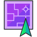 A purple square with a green arrow pointing to it