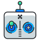 A white and blue robot with a green button