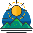 A mountain with a sun above it