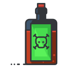 A bottle of liquid with a skull on it