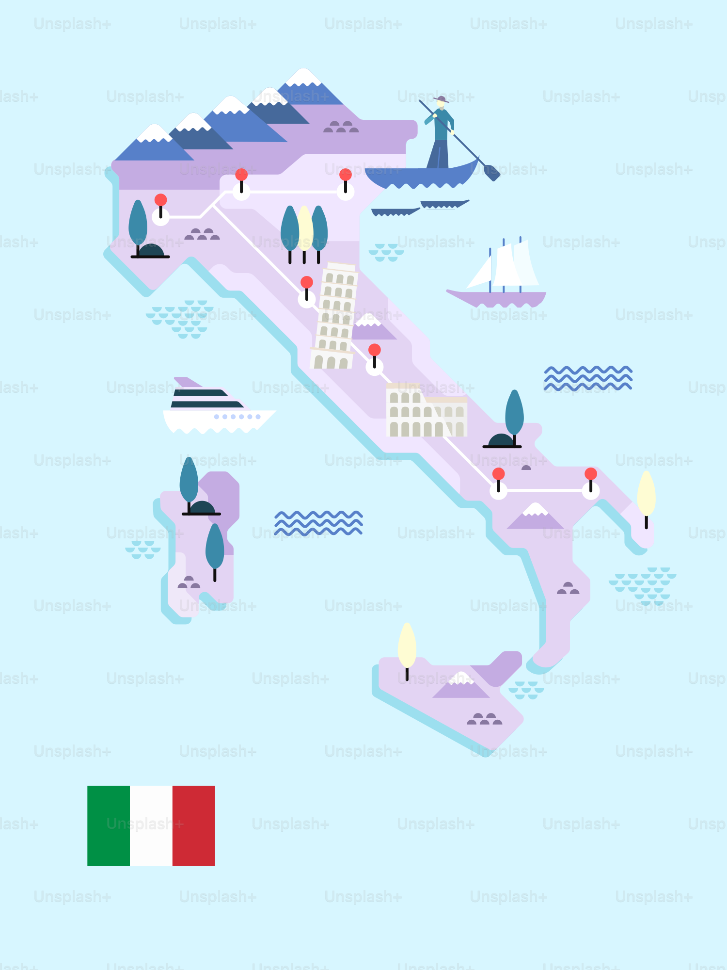 A map of italy with a boat in the water