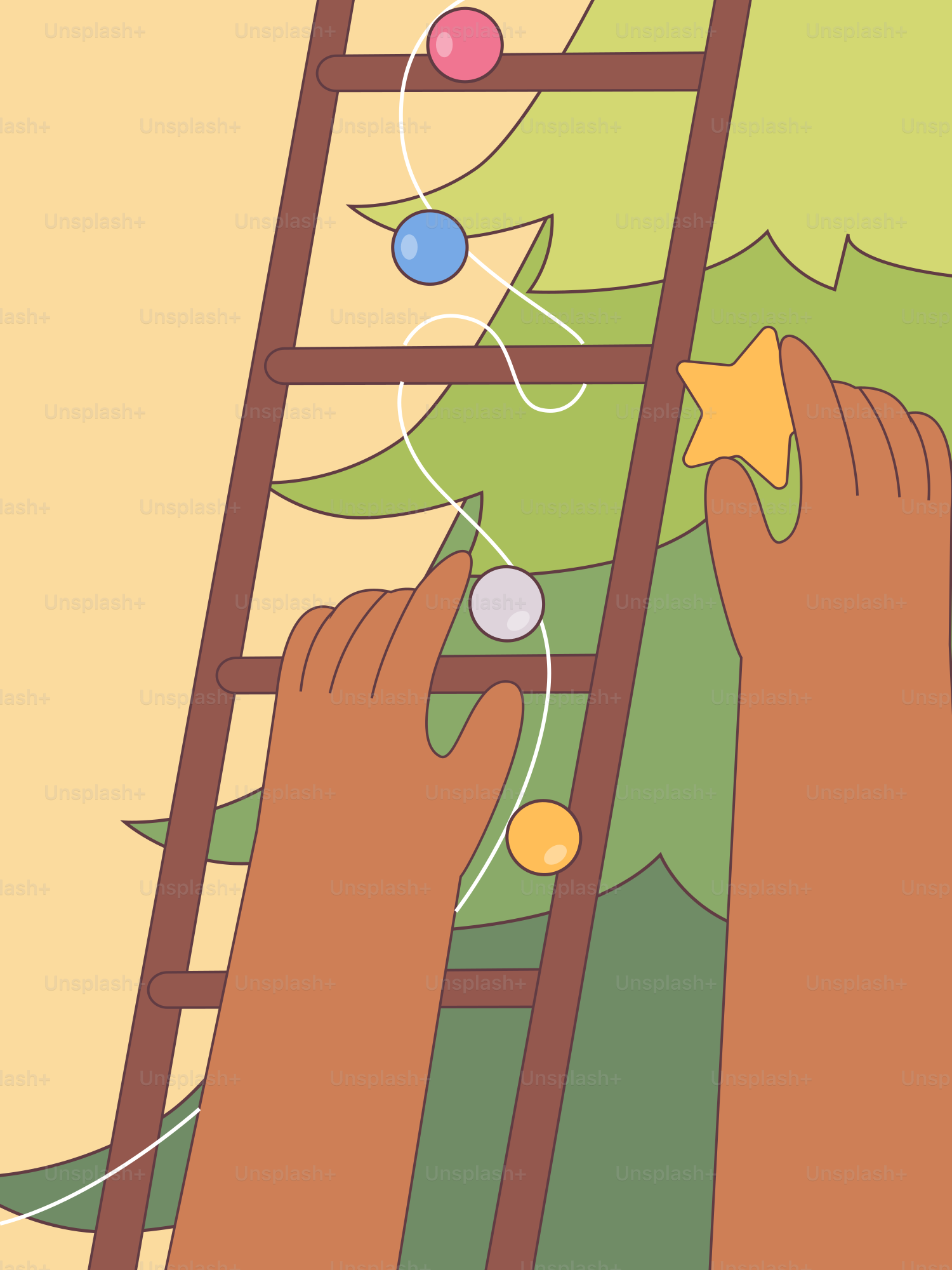 A person climbing a ladder to decorate a christmas tree