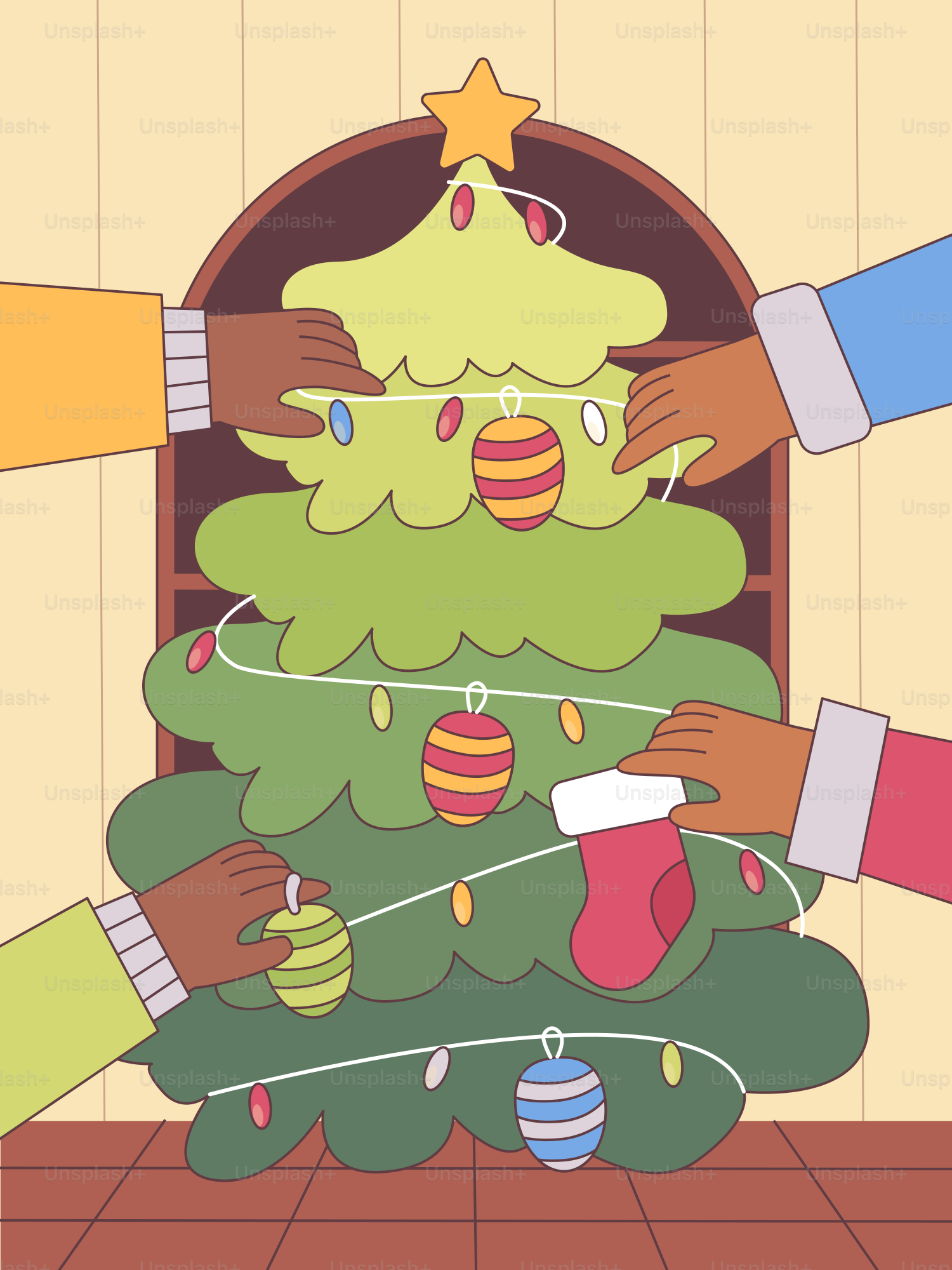 A group of people putting decorations on a christmas tree