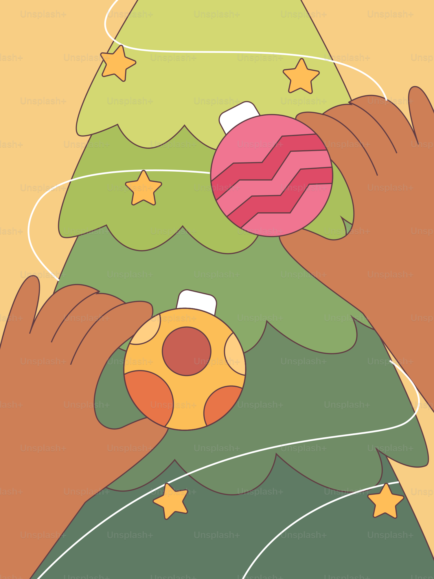 A person putting a ball on a christmas tree