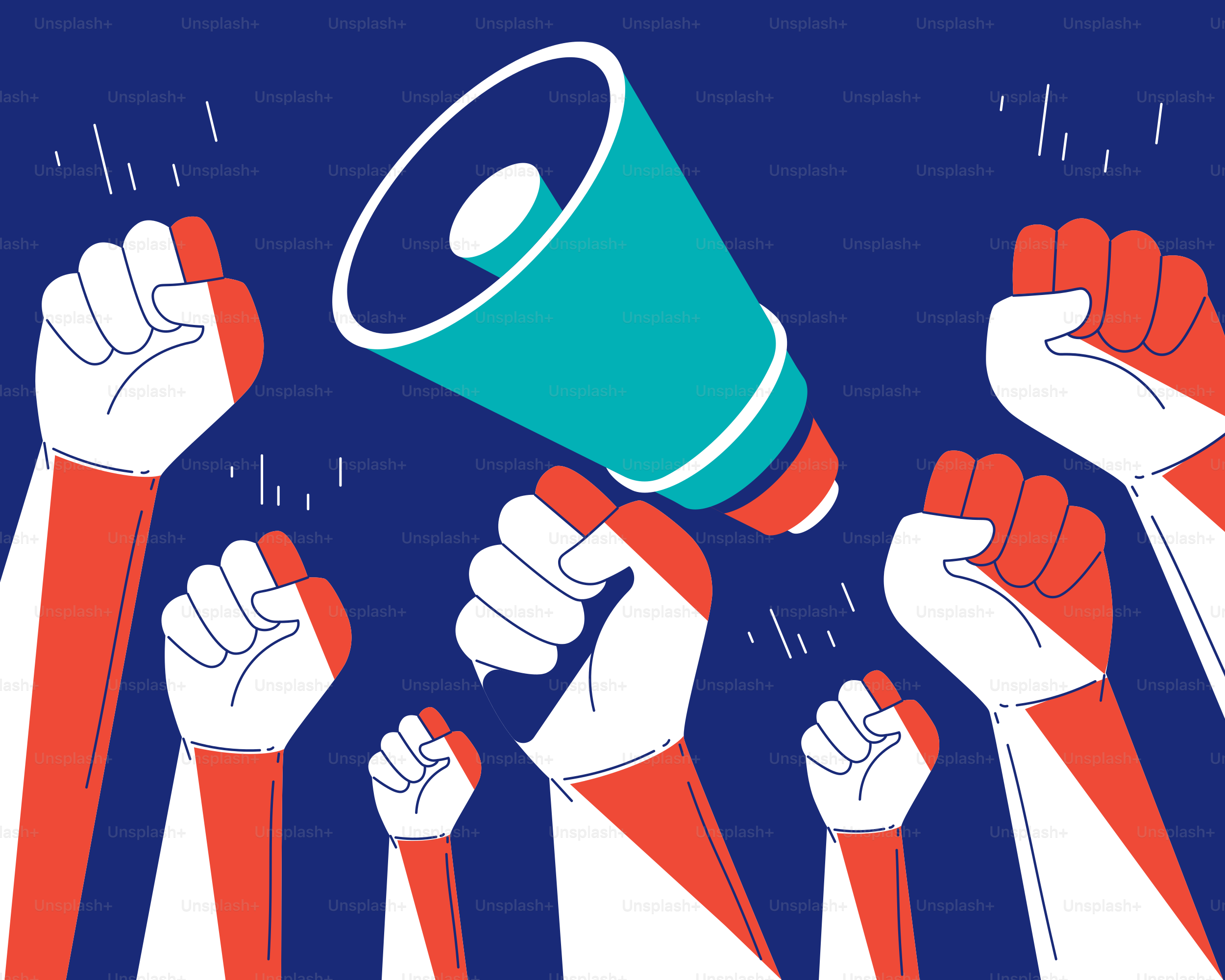 A group of people holding up fists and a megaphone