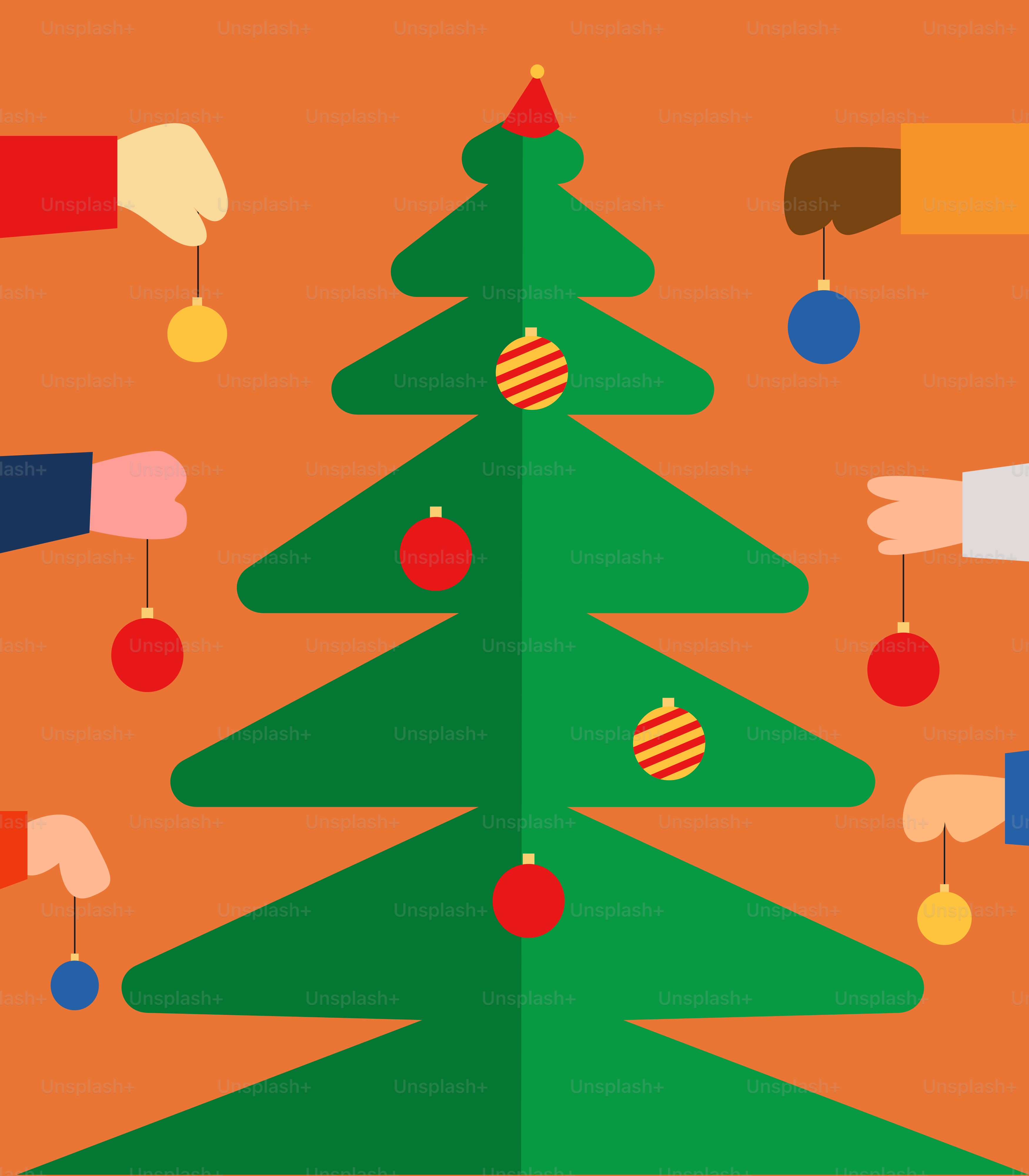 A group of people putting ornaments on a christmas tree