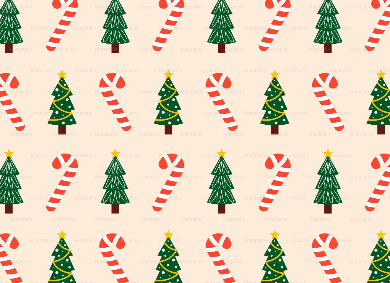 A pattern of christmas trees and candy canes