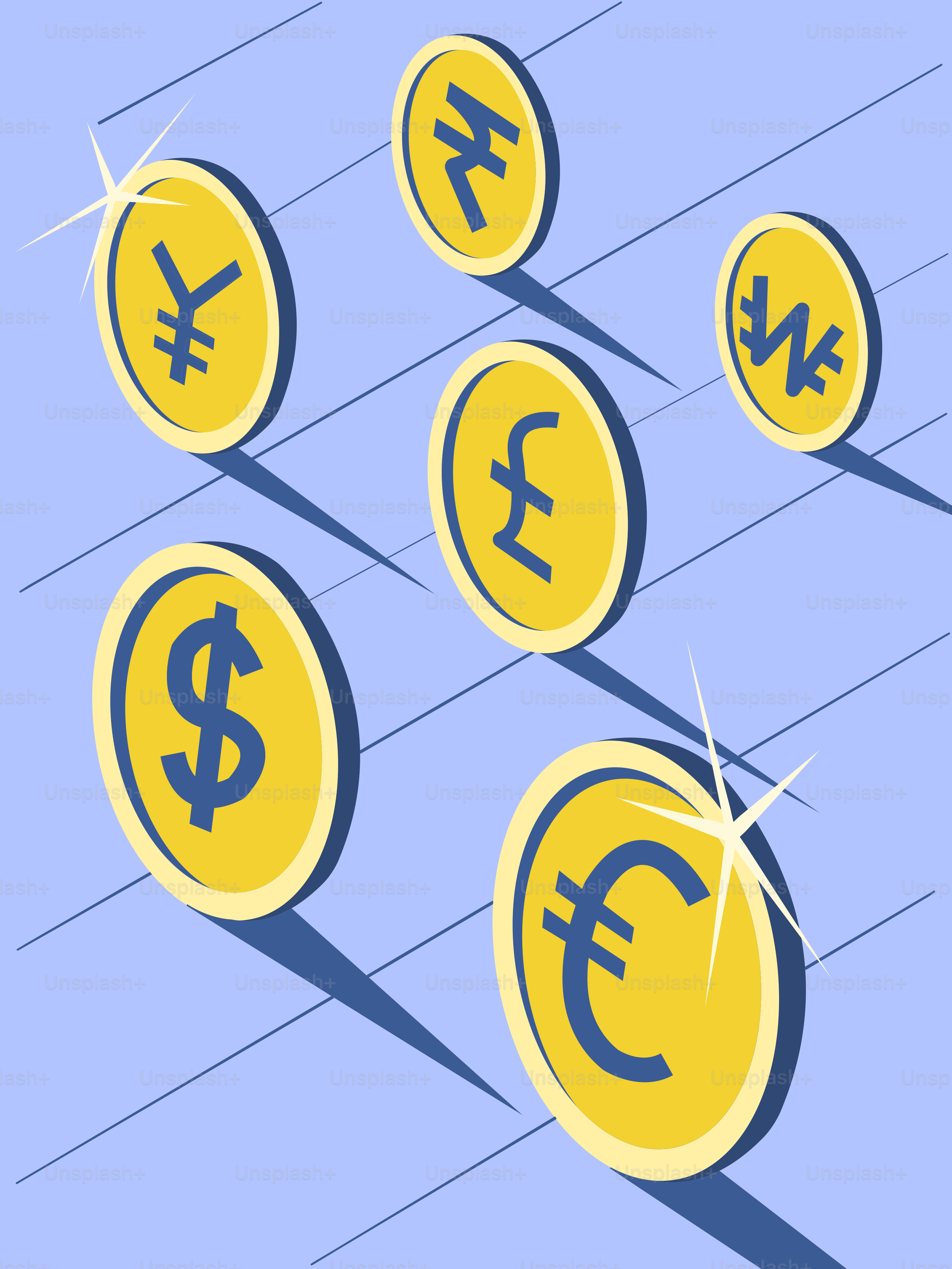 A blue and yellow background with currency symbols
