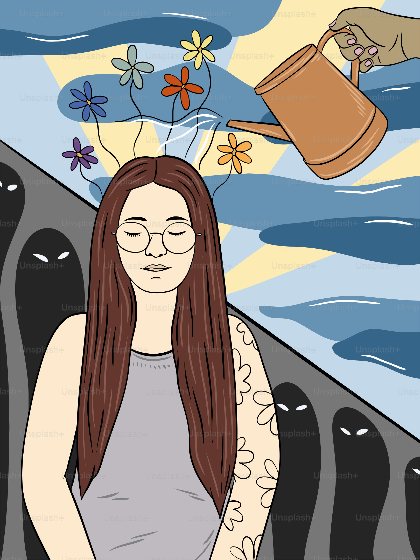 Eine Frau sitzt auf einem Boot mit einer Gießkanne über dem Kopf