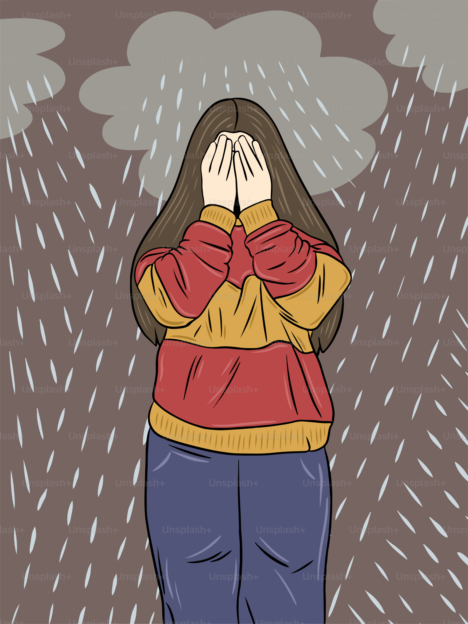 A woman covering her face in the rain