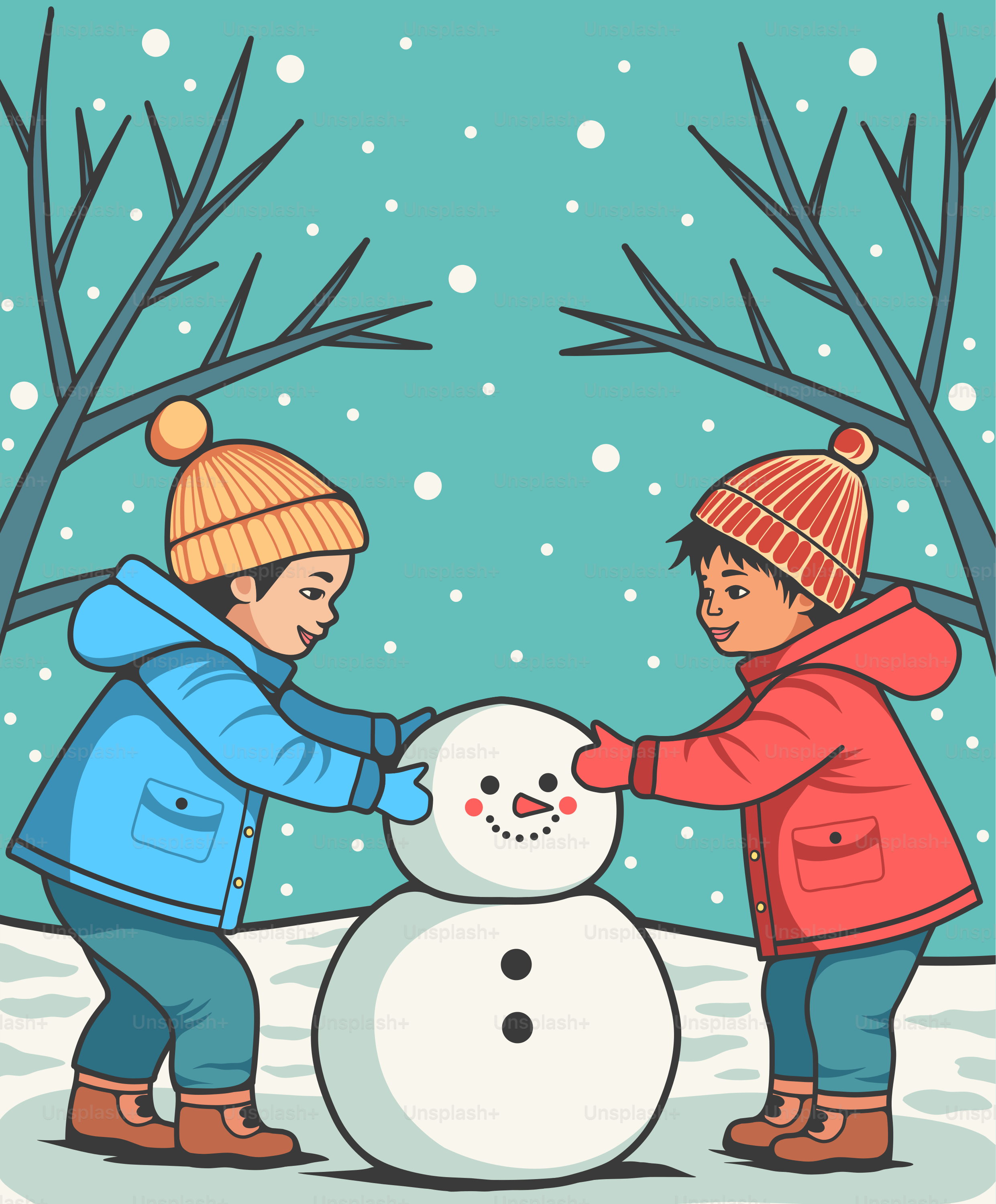 Two children building a snowman in the snow