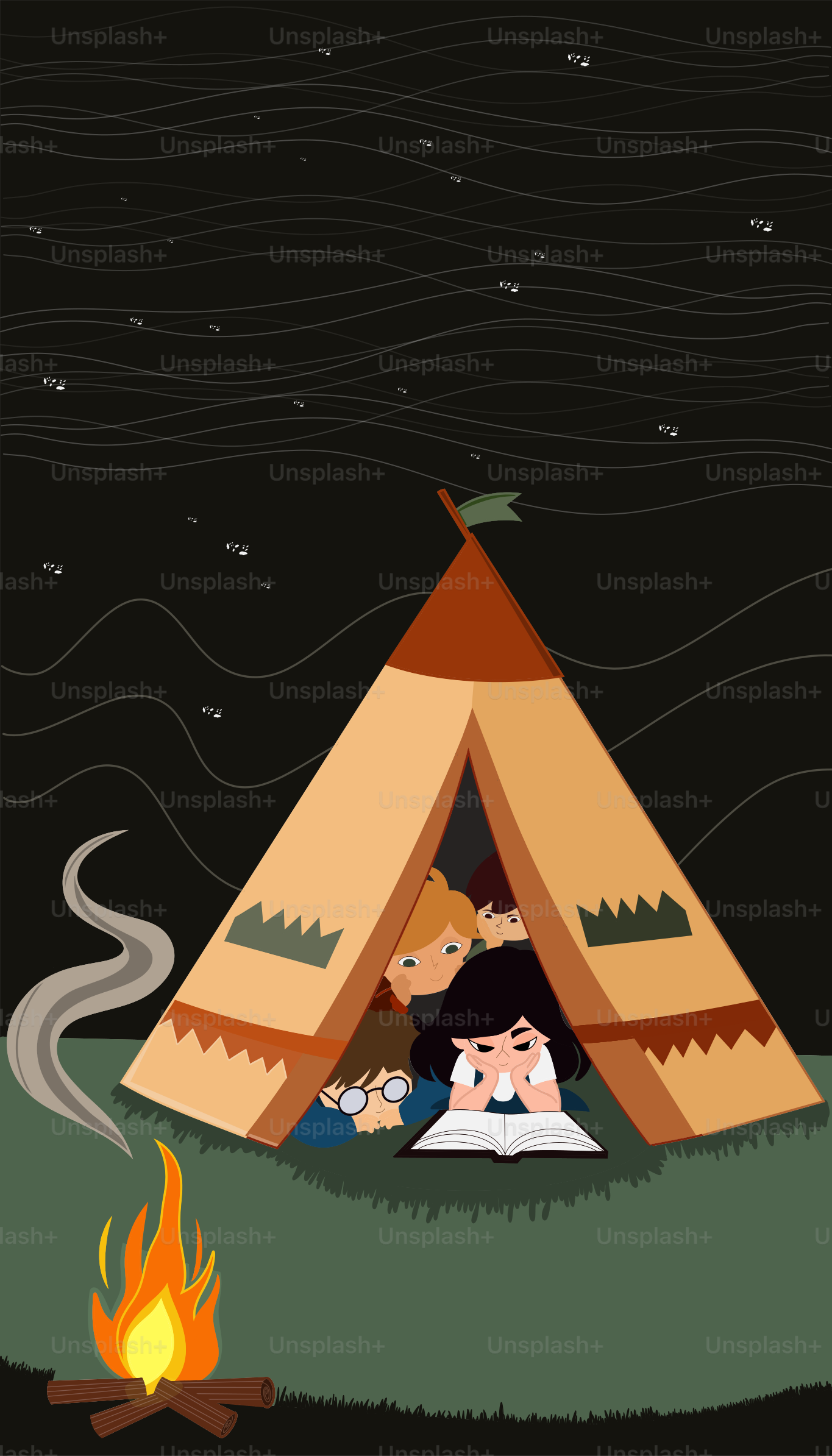 Dua anak duduk di teepee di sebelah api unggun