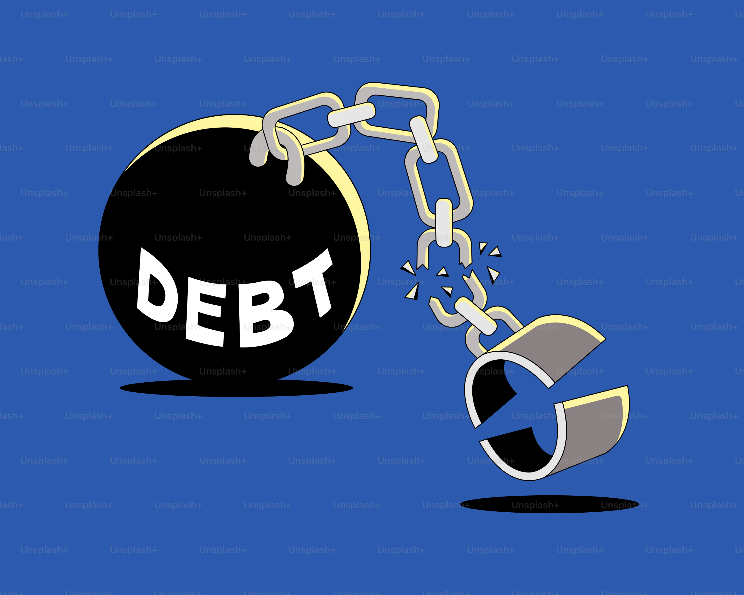 A ball and chain with the word debt chained to it