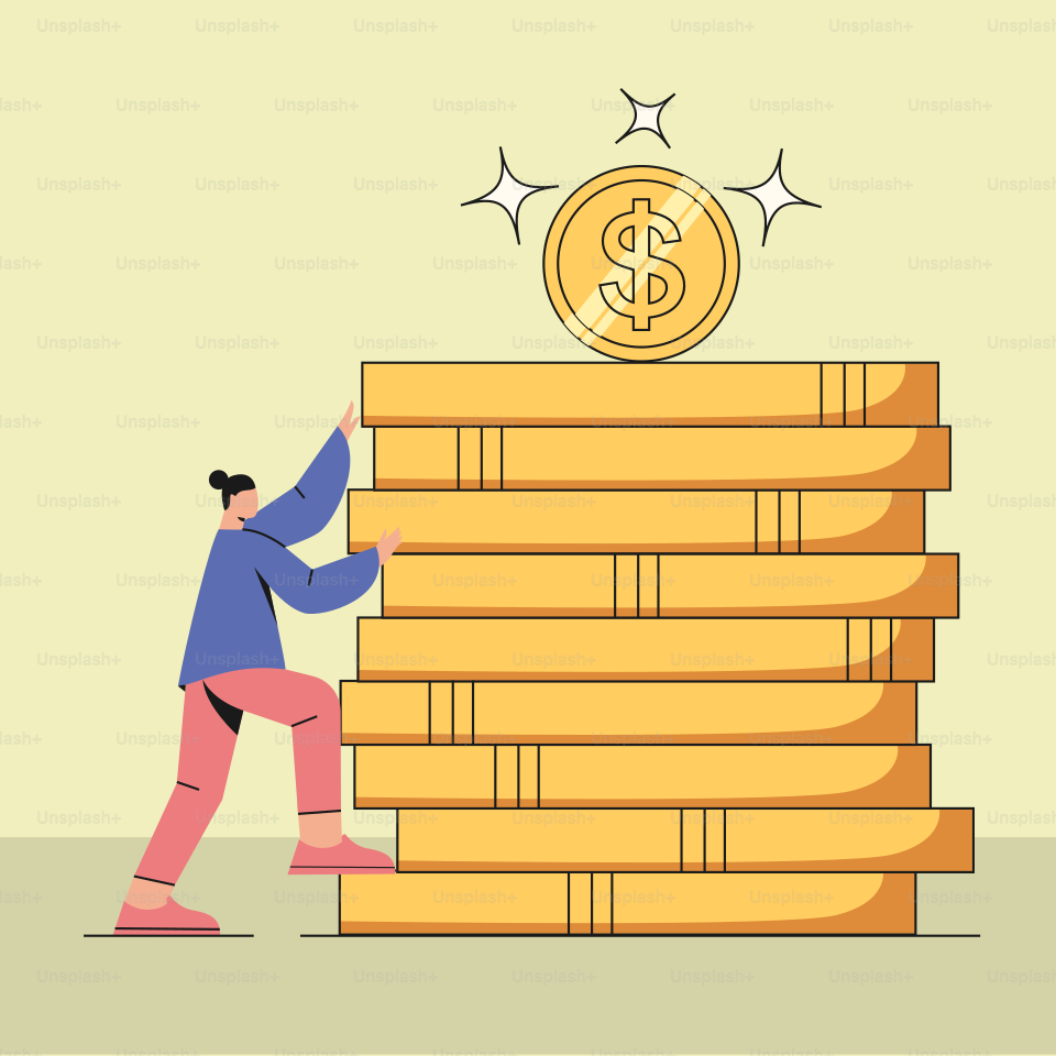 A person climbing up a stack of gold coins