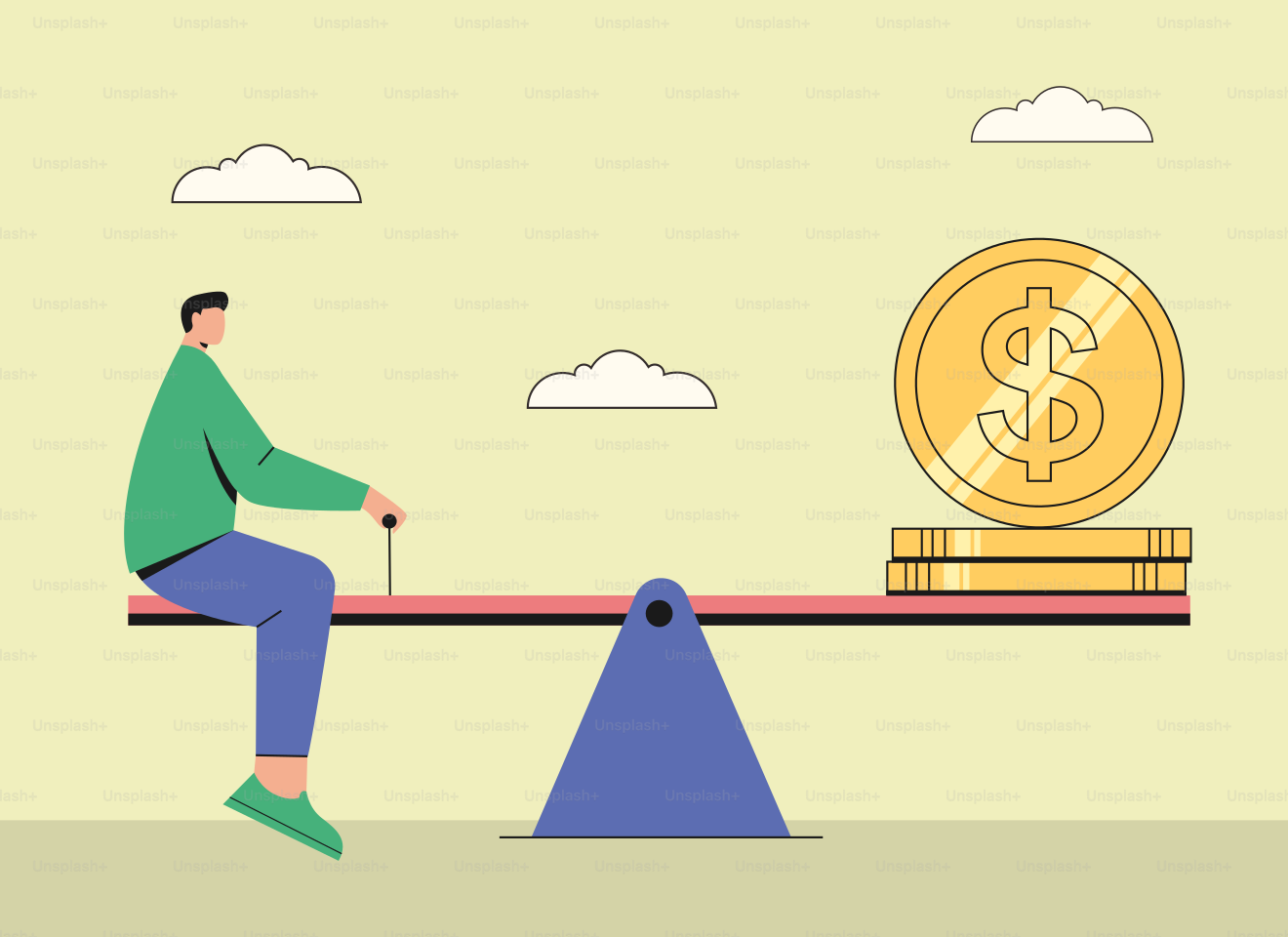 Un homme assis sur une poutre d’équilibre avec une pile d’argent dessus