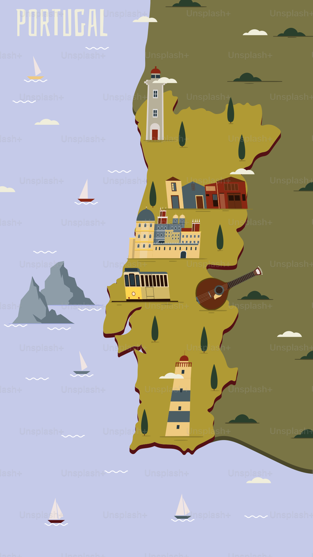 A map of portugal with a lighthouse on top of it