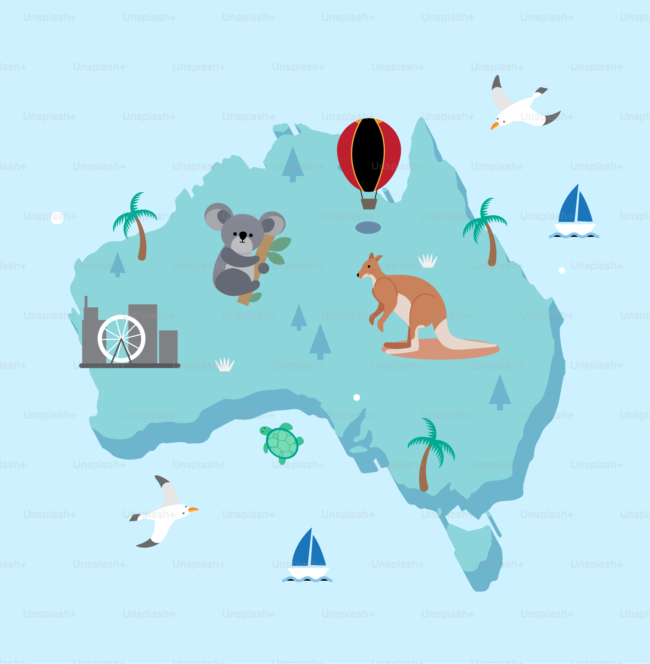 A map of australia with animals, birds, and a hot air balloon