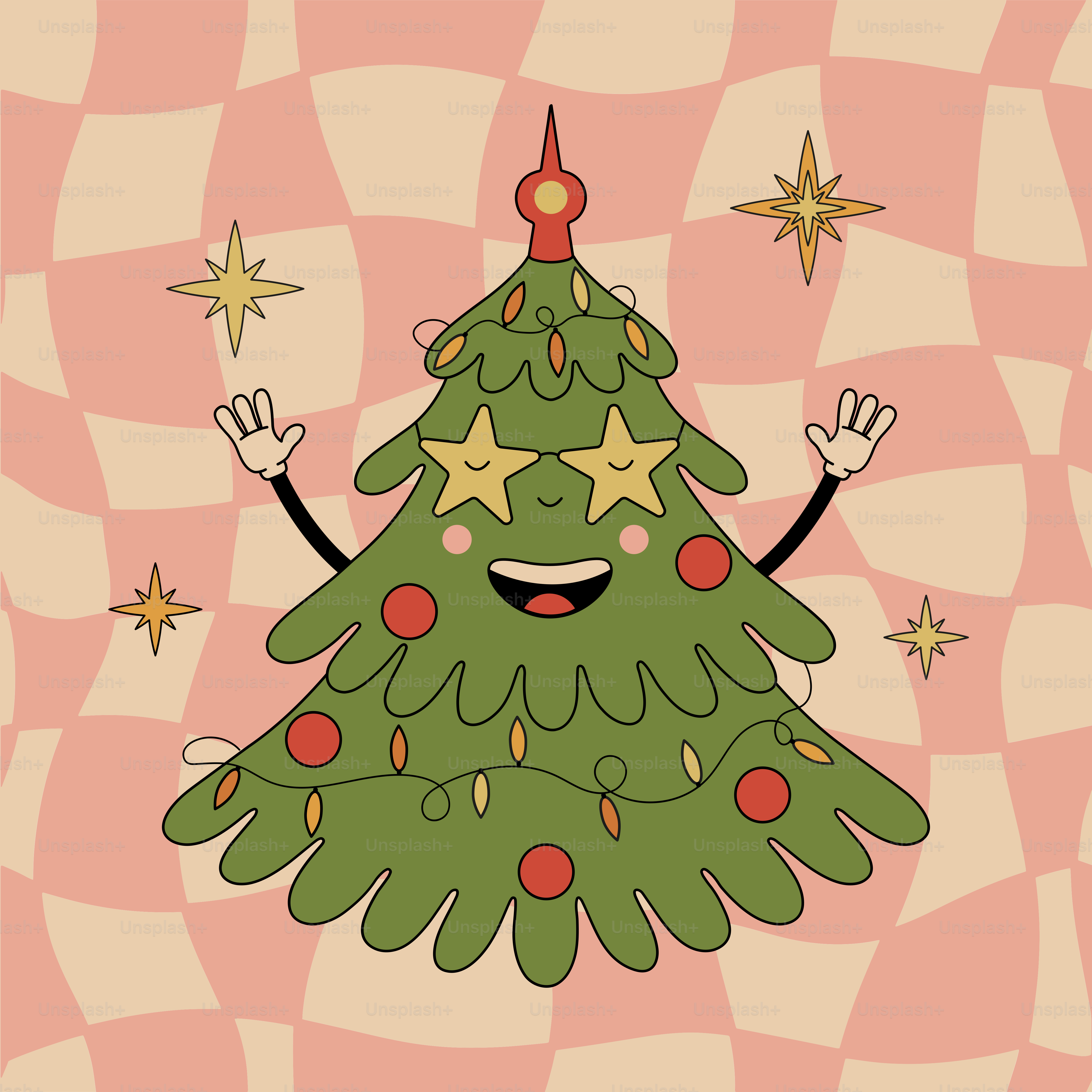 A cartoon christmas tree with arms and legs