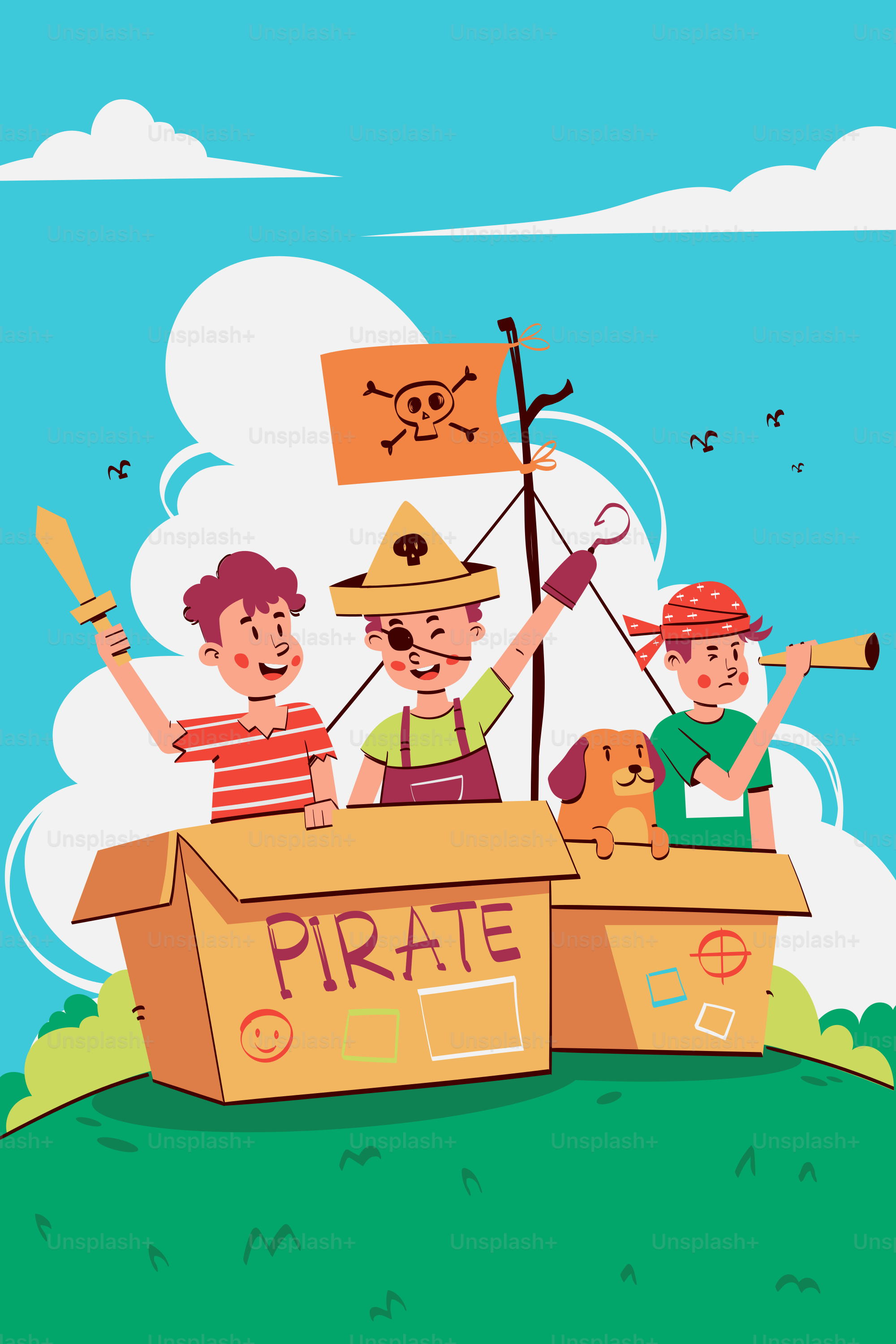 A group of kids on a pirate ship