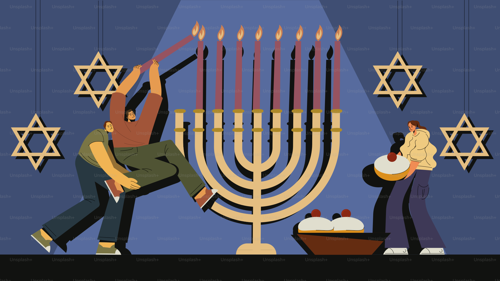 Two men lighting a menorah with candles