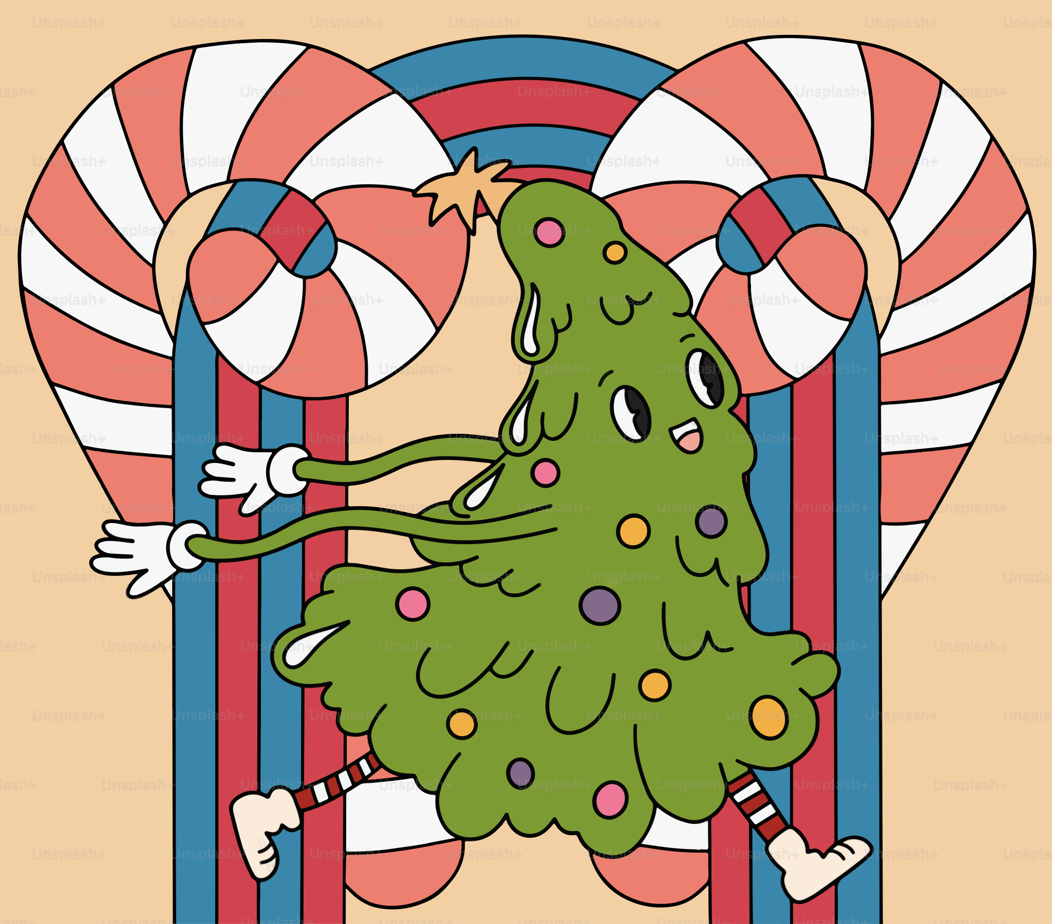 Ein Weihnachtsbaum mit Zuckerstangen im Hintergrund