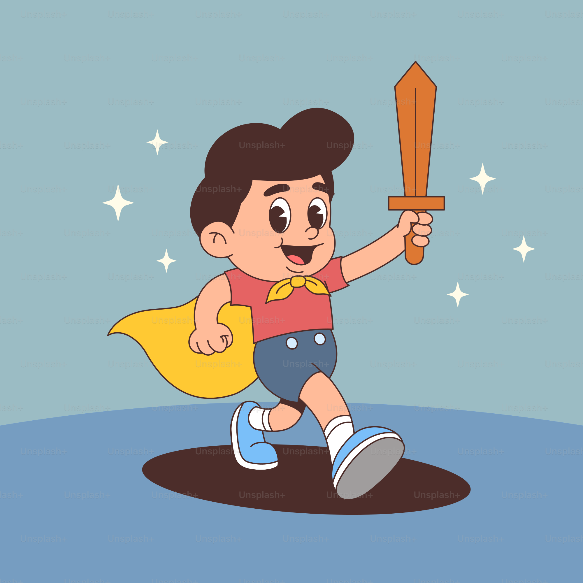 A little boy in a red shirt is holding a sword