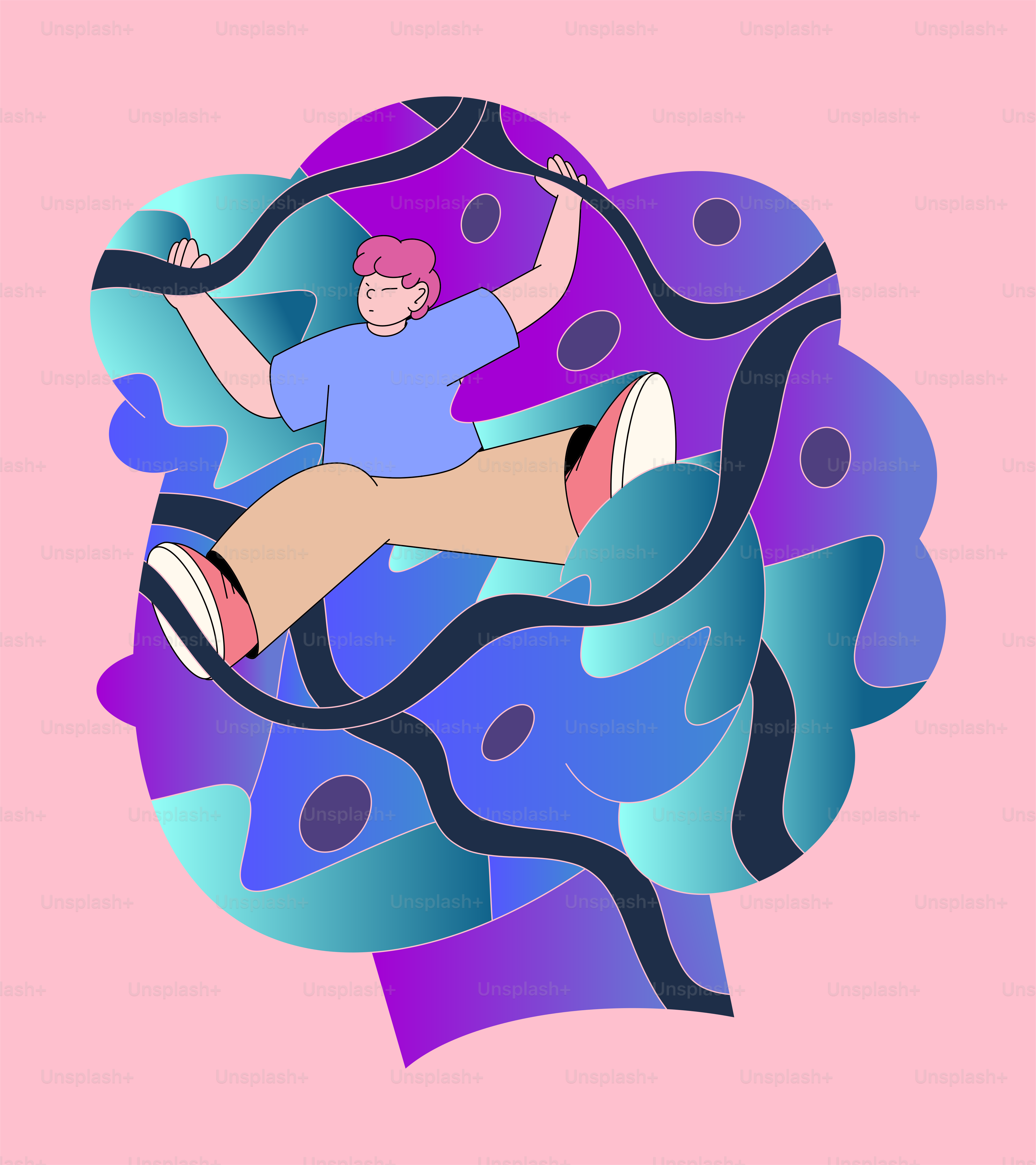 A person is flying through the air with a pink background