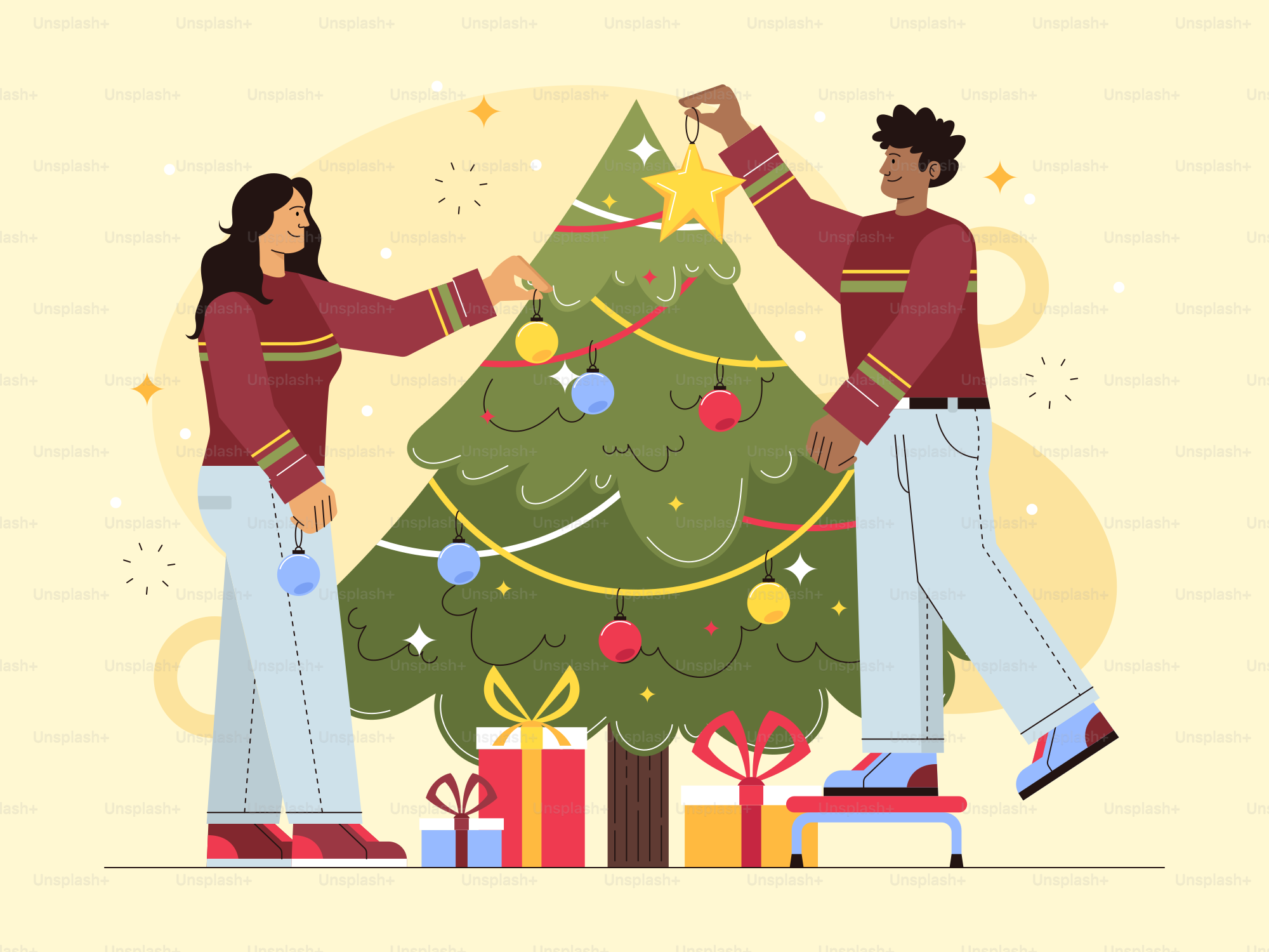 Un hombre y una mujer decorando un árbol de Navidad