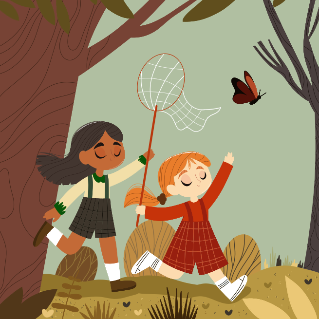 Two children playing in the woods with a net
