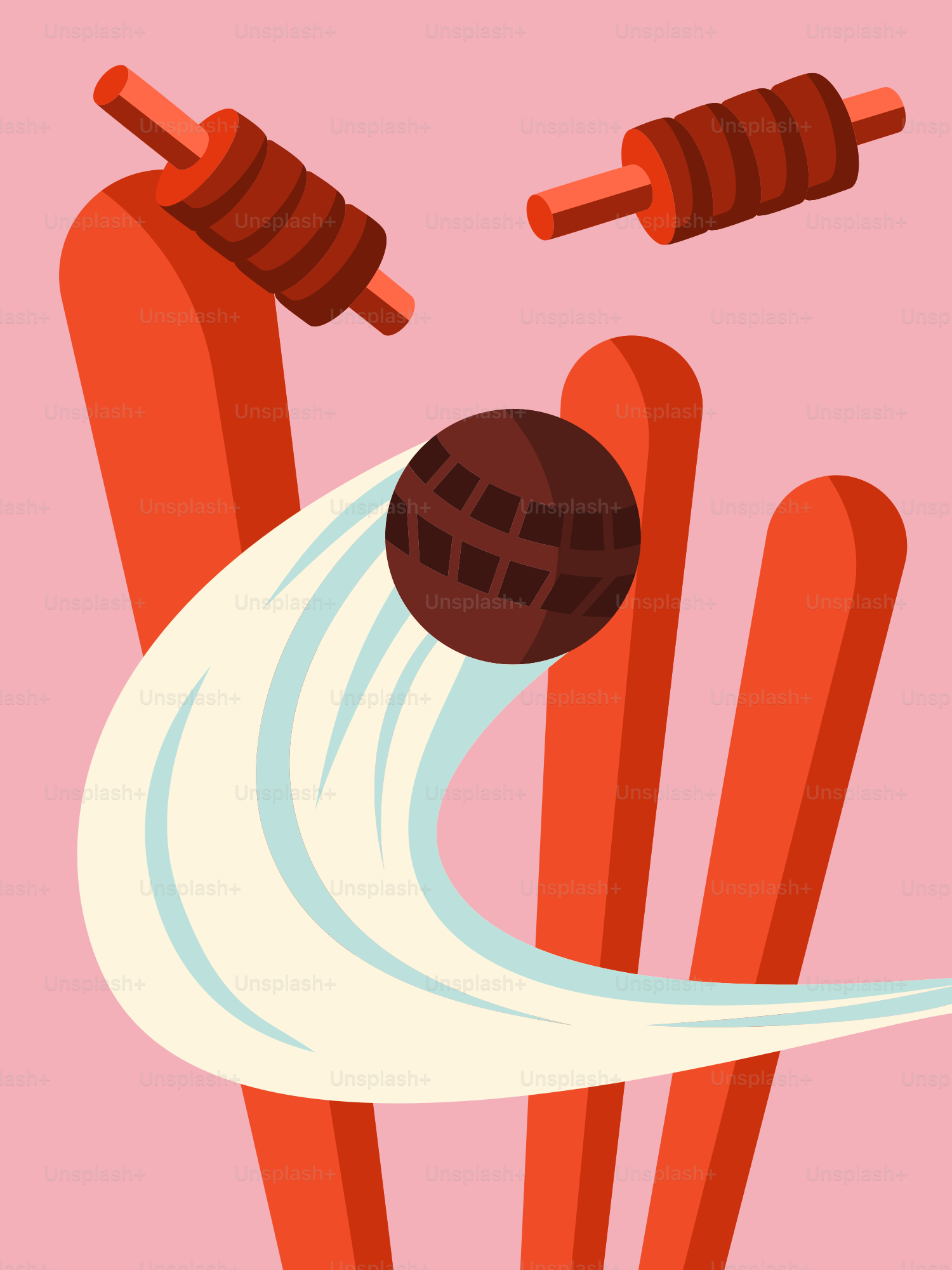 A pink background with skis and a ball