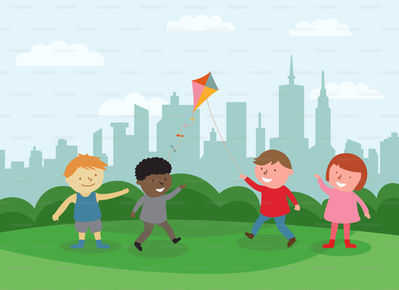 A group of kids playing with a kite in a park