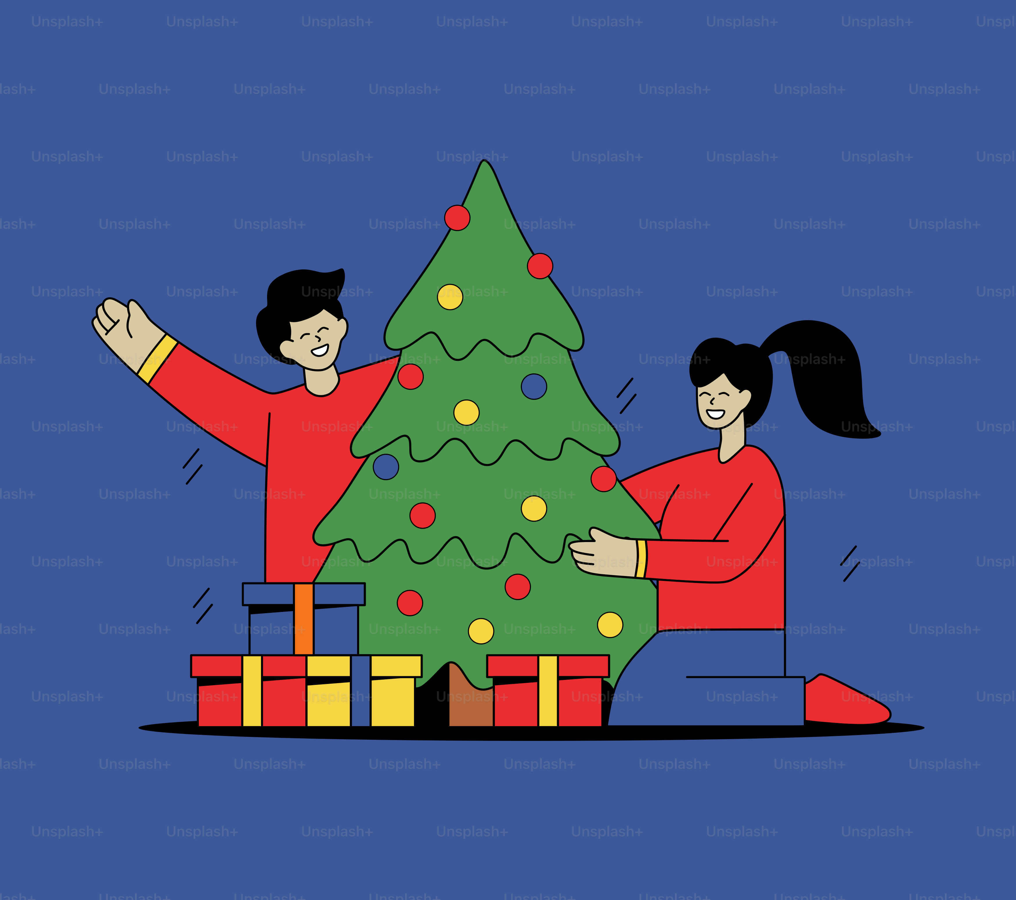 Ein Mann und eine Frau sitzen neben einem Weihnachtsbaum