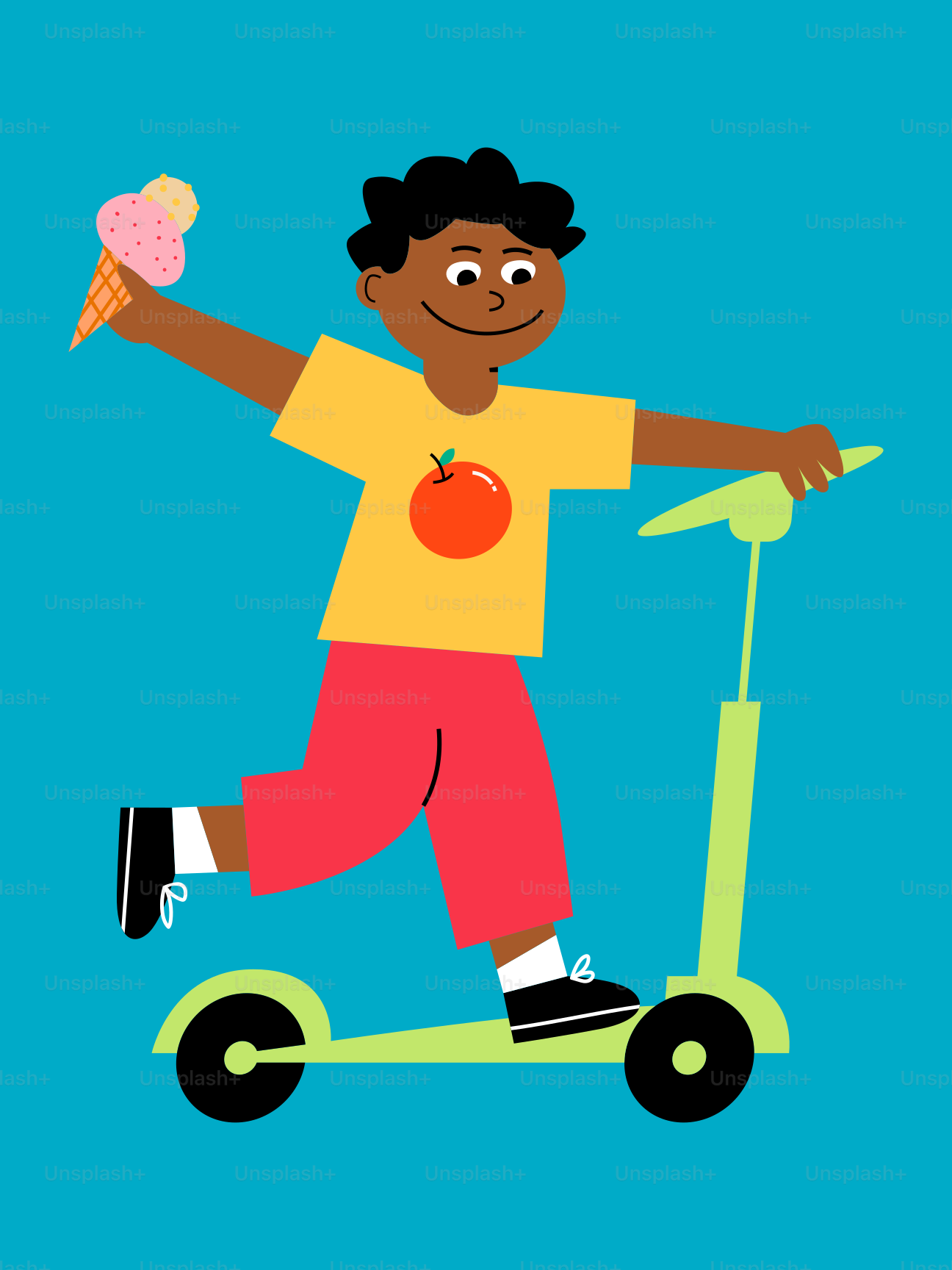 A boy riding a scooter with an ice cream cone in his hand