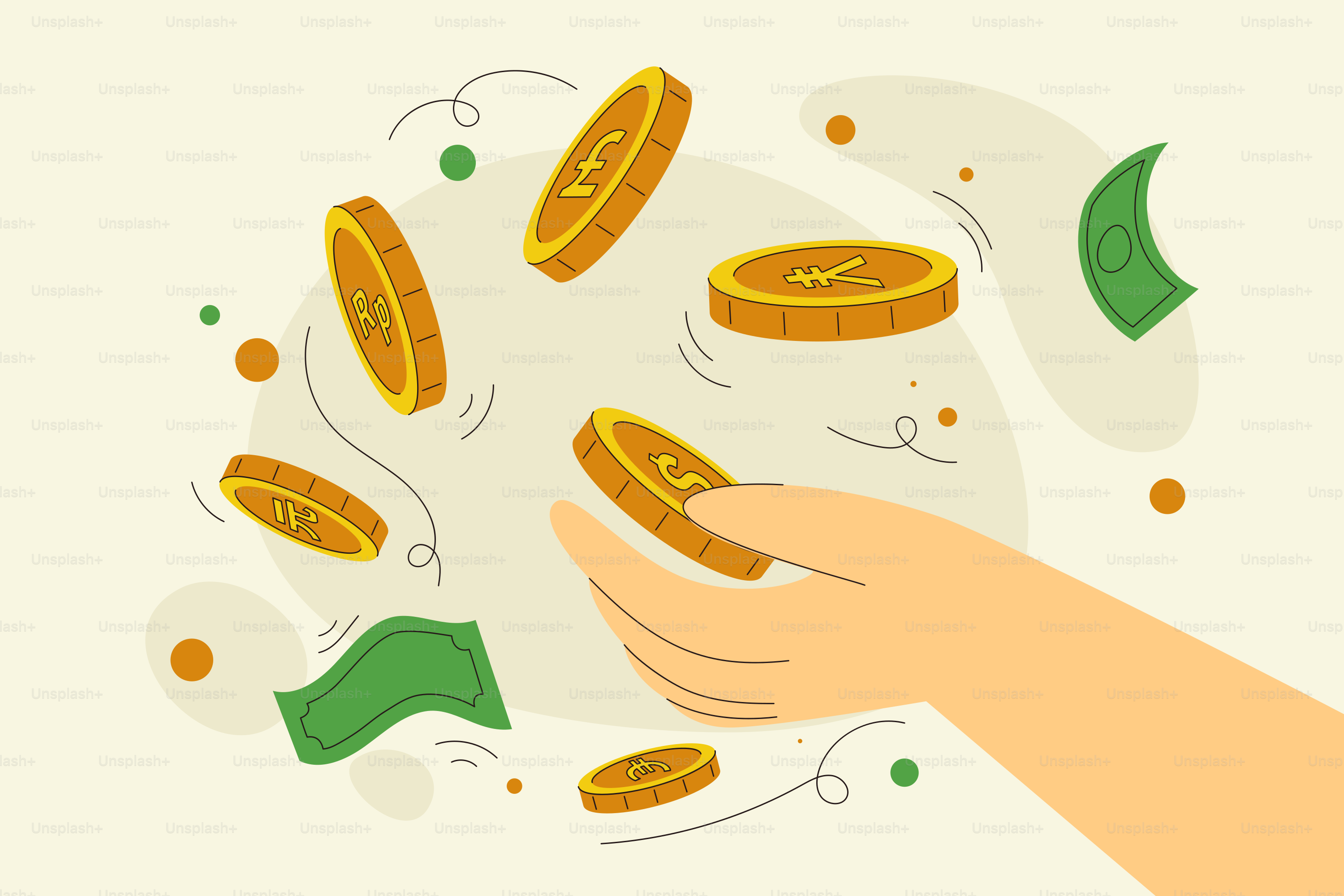 A hand reaching for a pile of gold coins