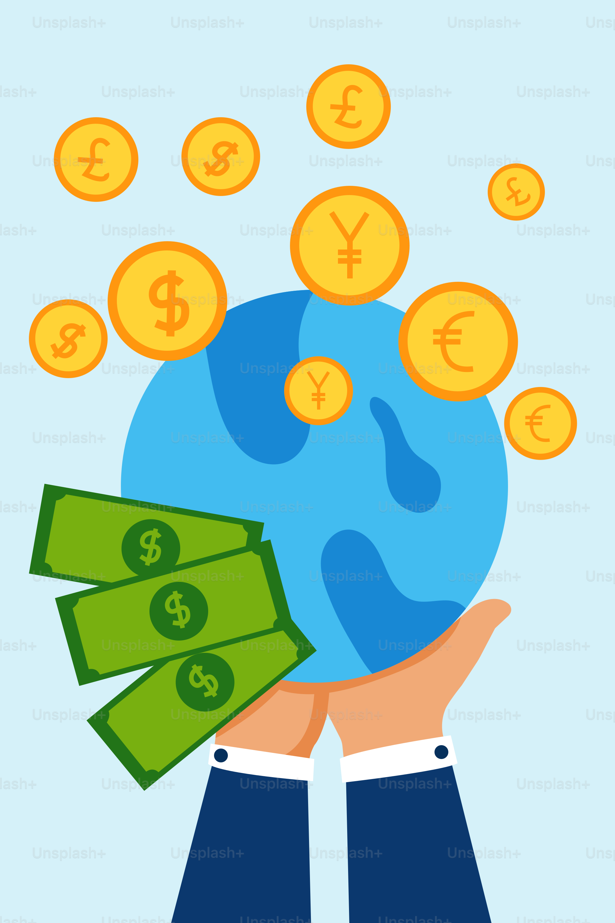 A person holding a globe with money coming out of it