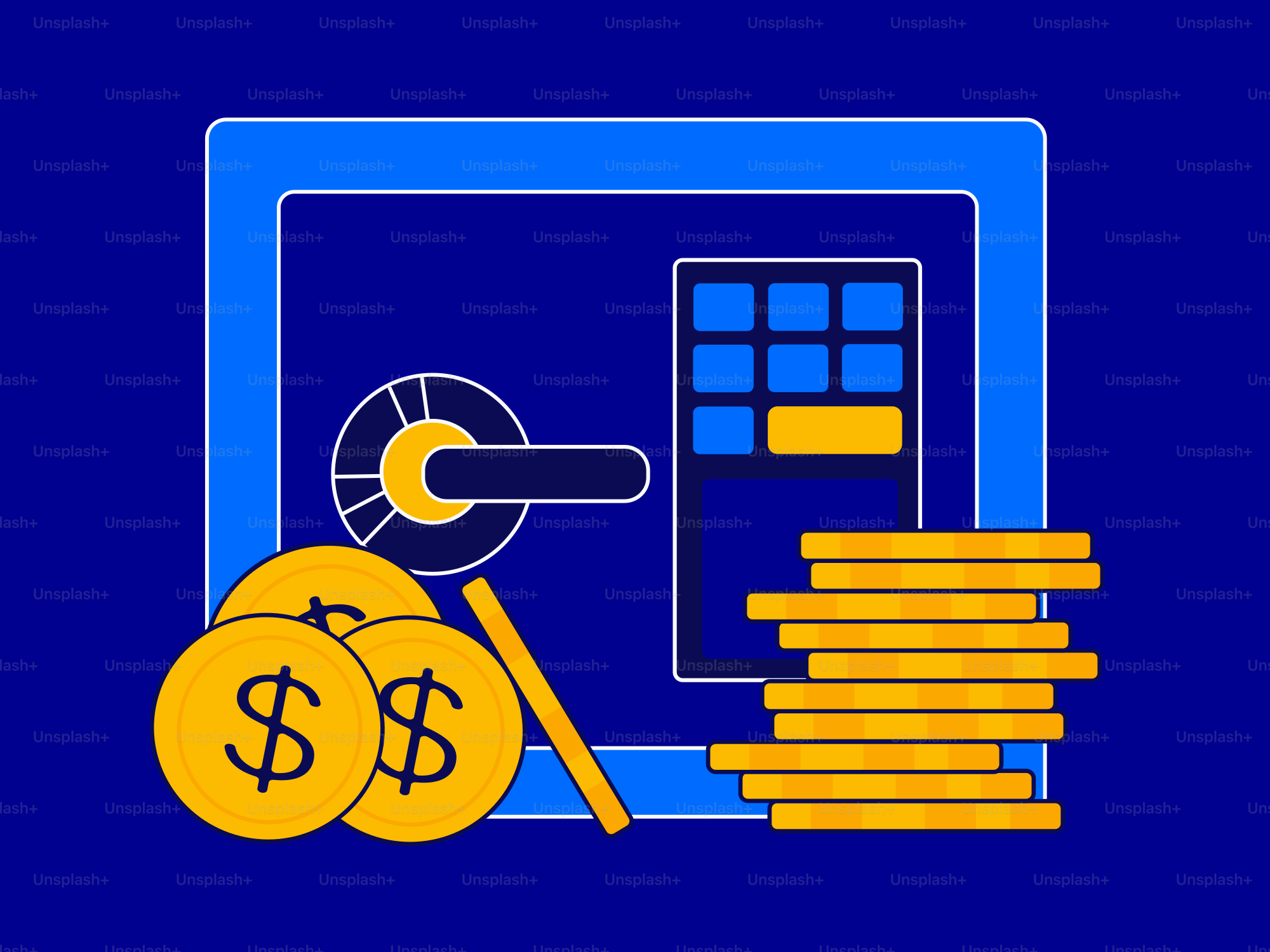A stack of gold coins next to a computer with a key on top of it