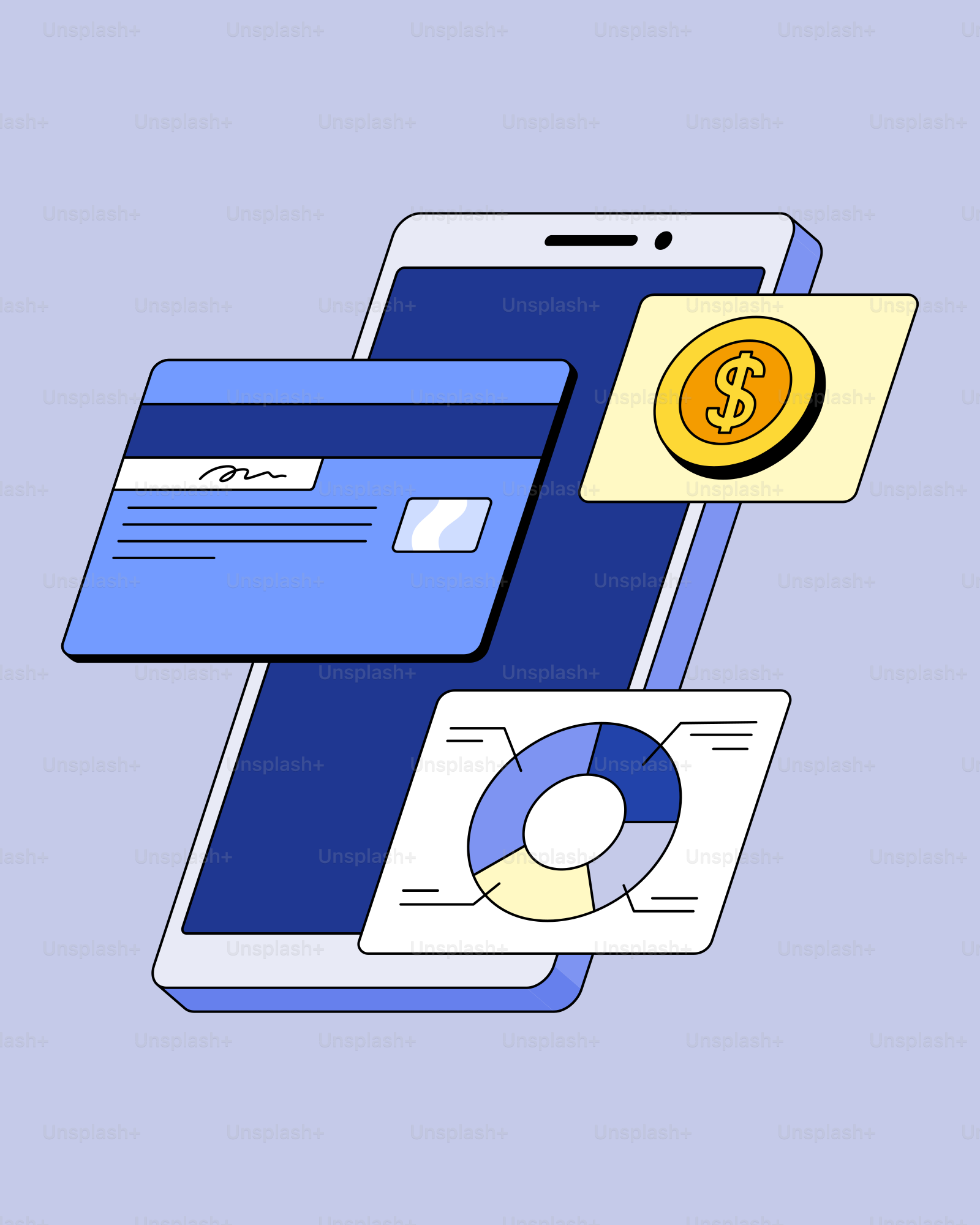 A cell phone with a credit card and a coin