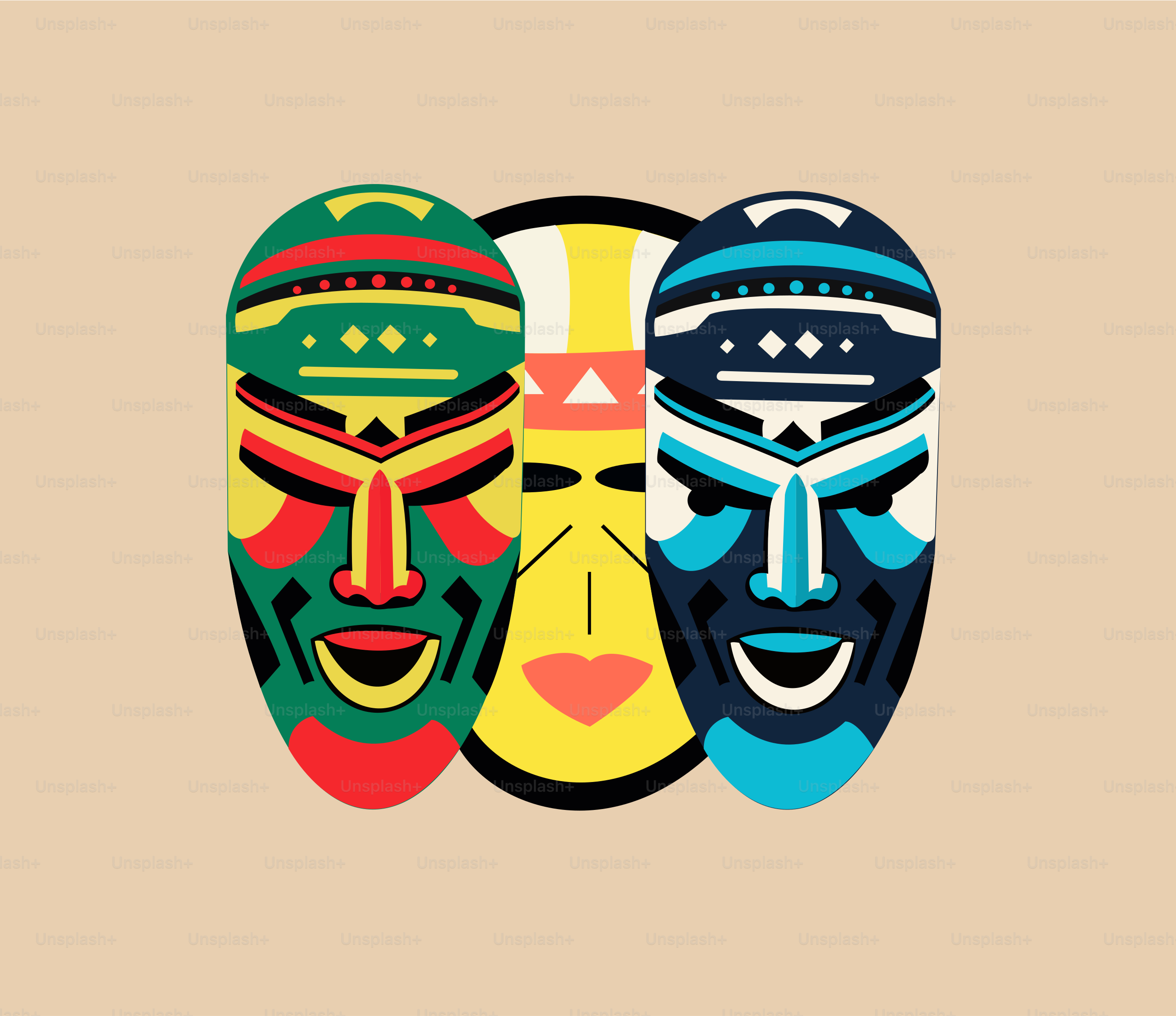 A group of three african masks on a beige background