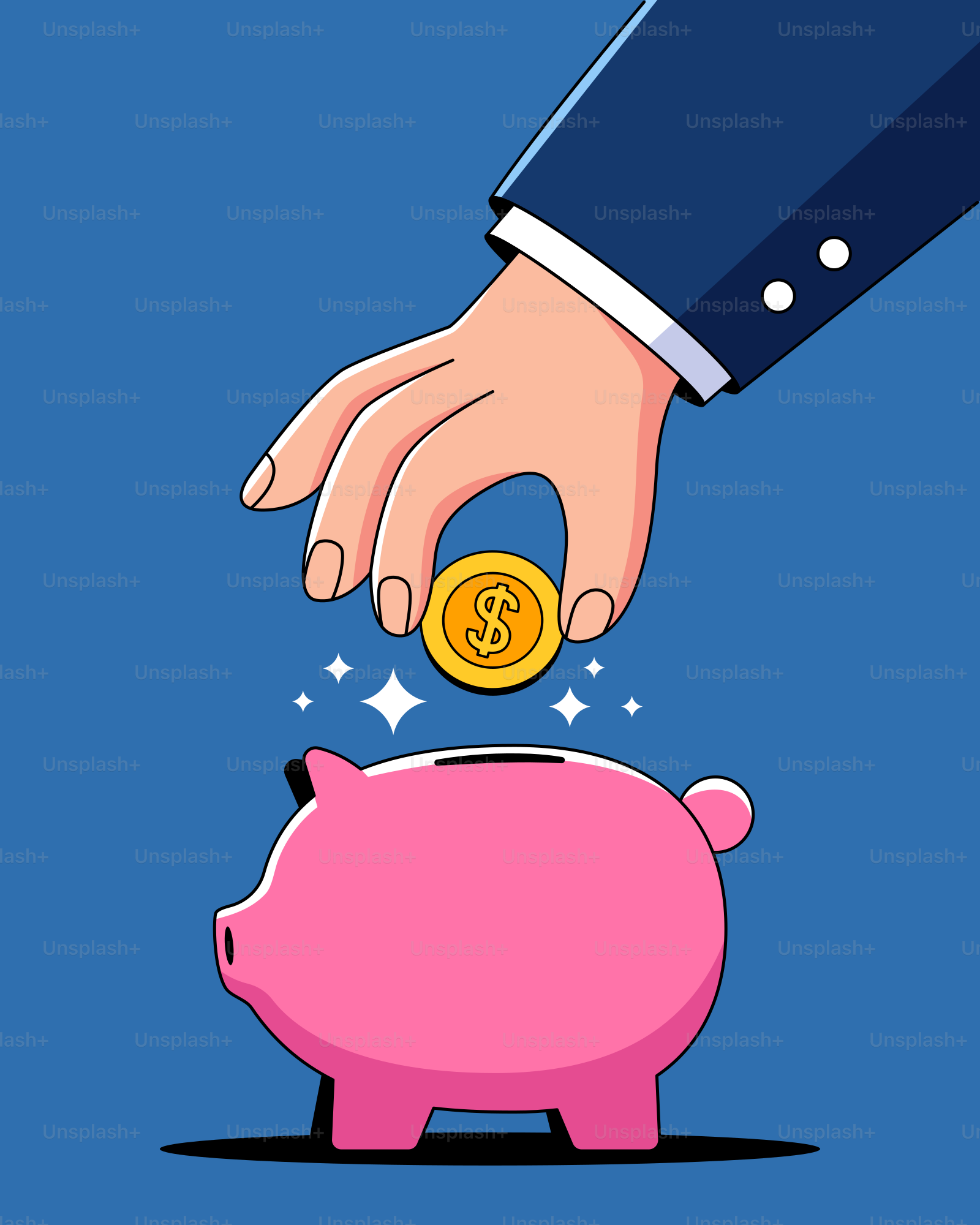 Una mano che mette una moneta in un salvadanaio rosa