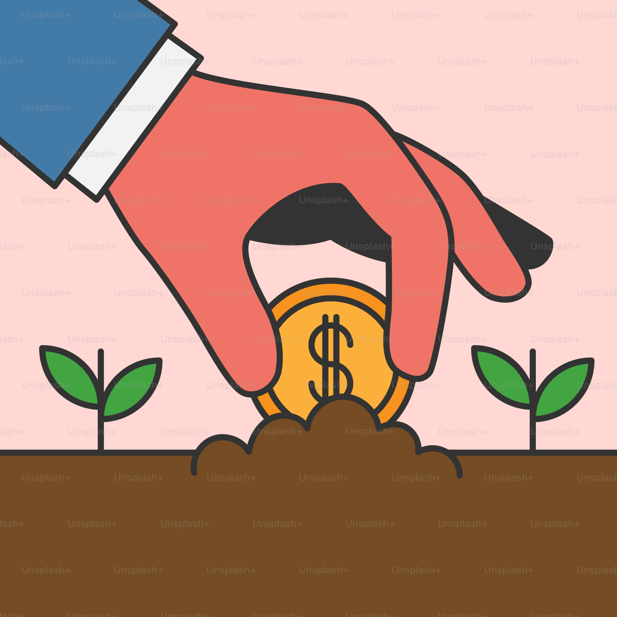 Eine Hand, die eine Münze in eine Pflanze steckt