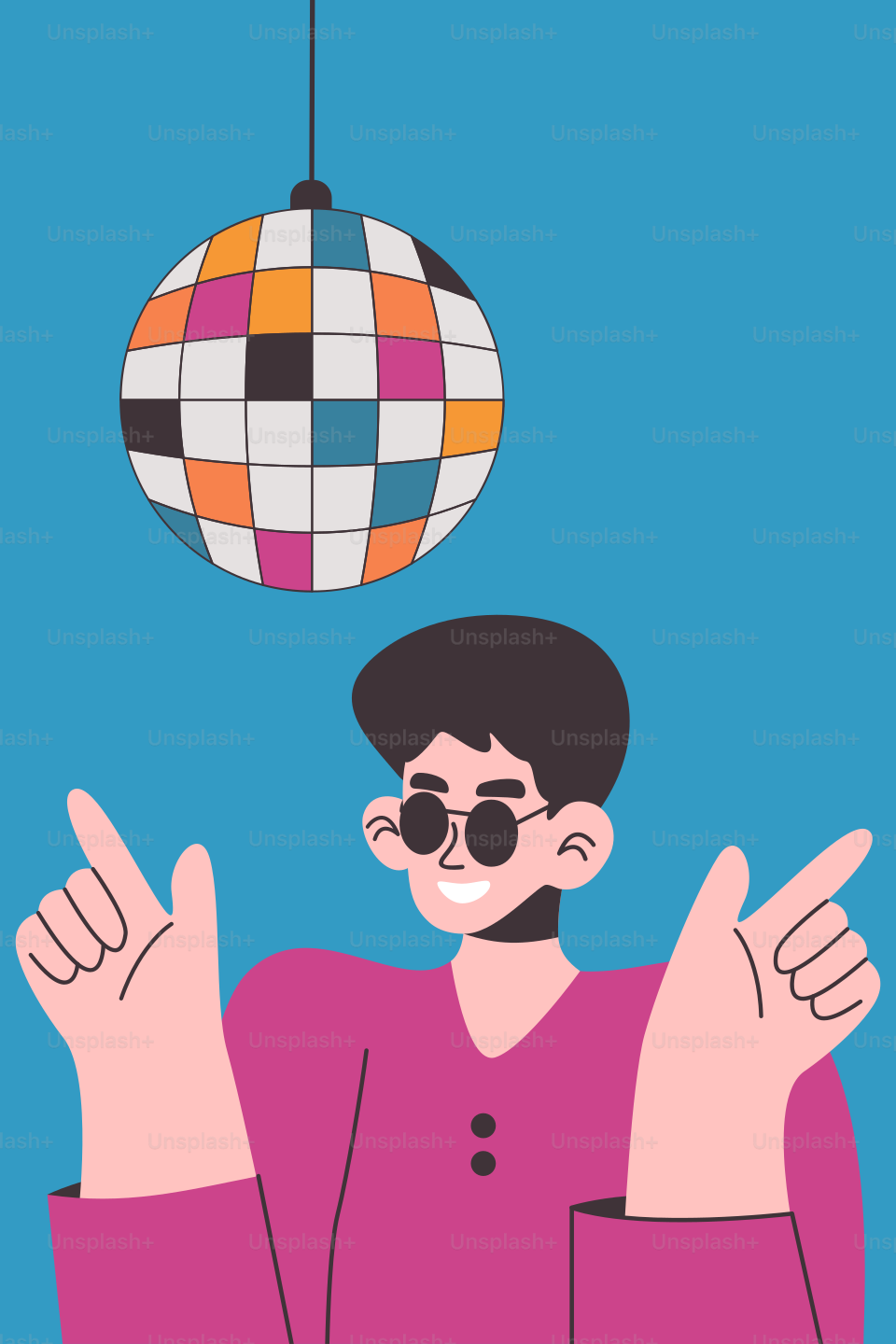 A man in a pink shirt pointing at a disco ball