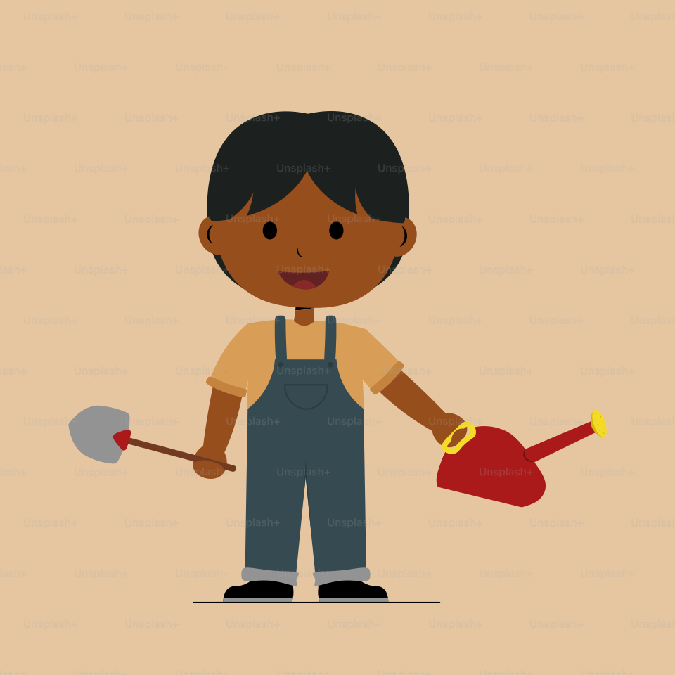A boy holding a watering can and a shovel