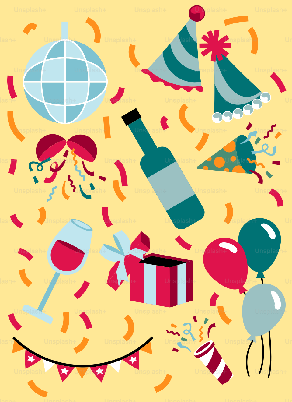 A birthday card with confetti, balloons, and a bottle of wine