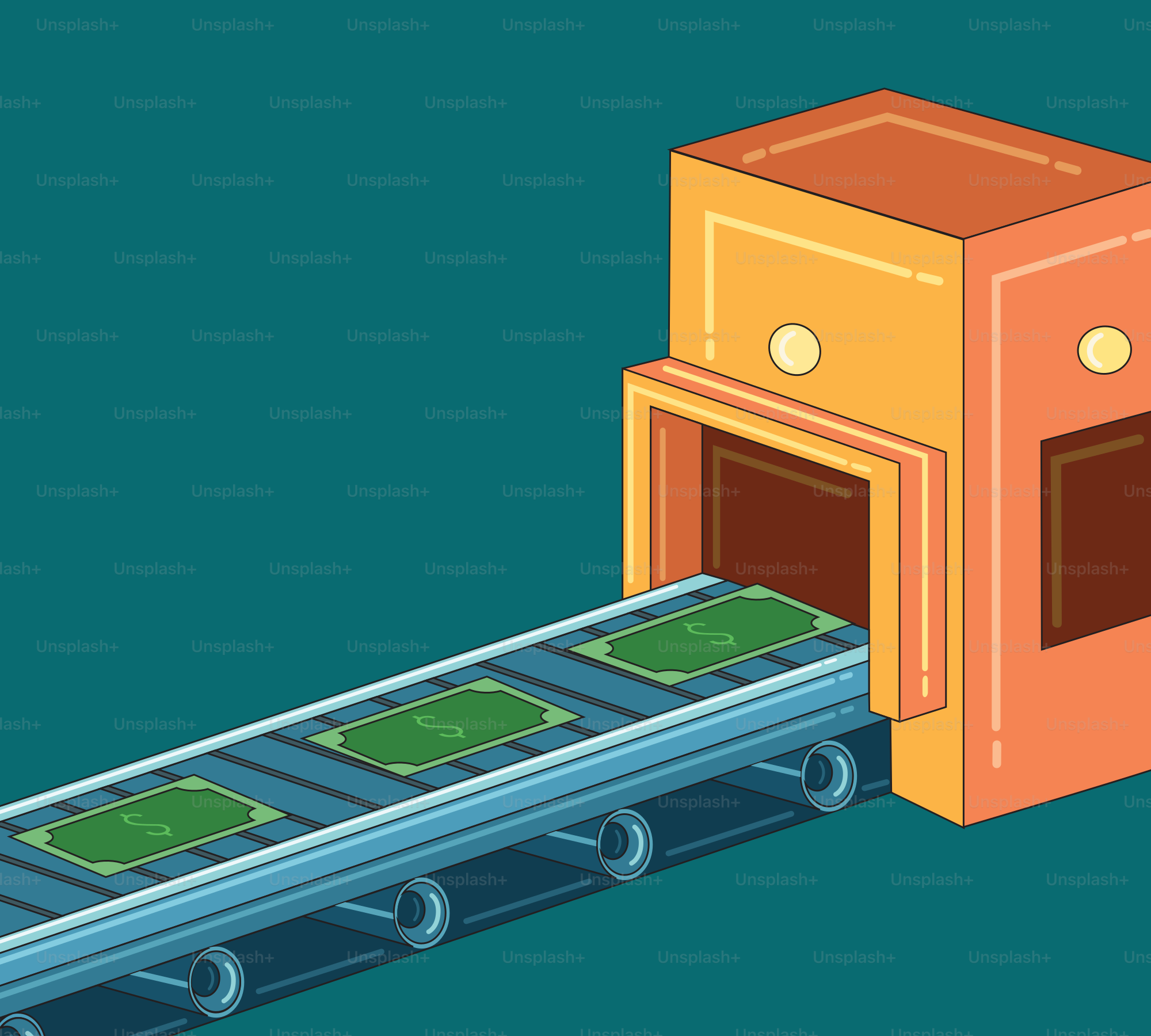 A conveyor belt with money coming out of it