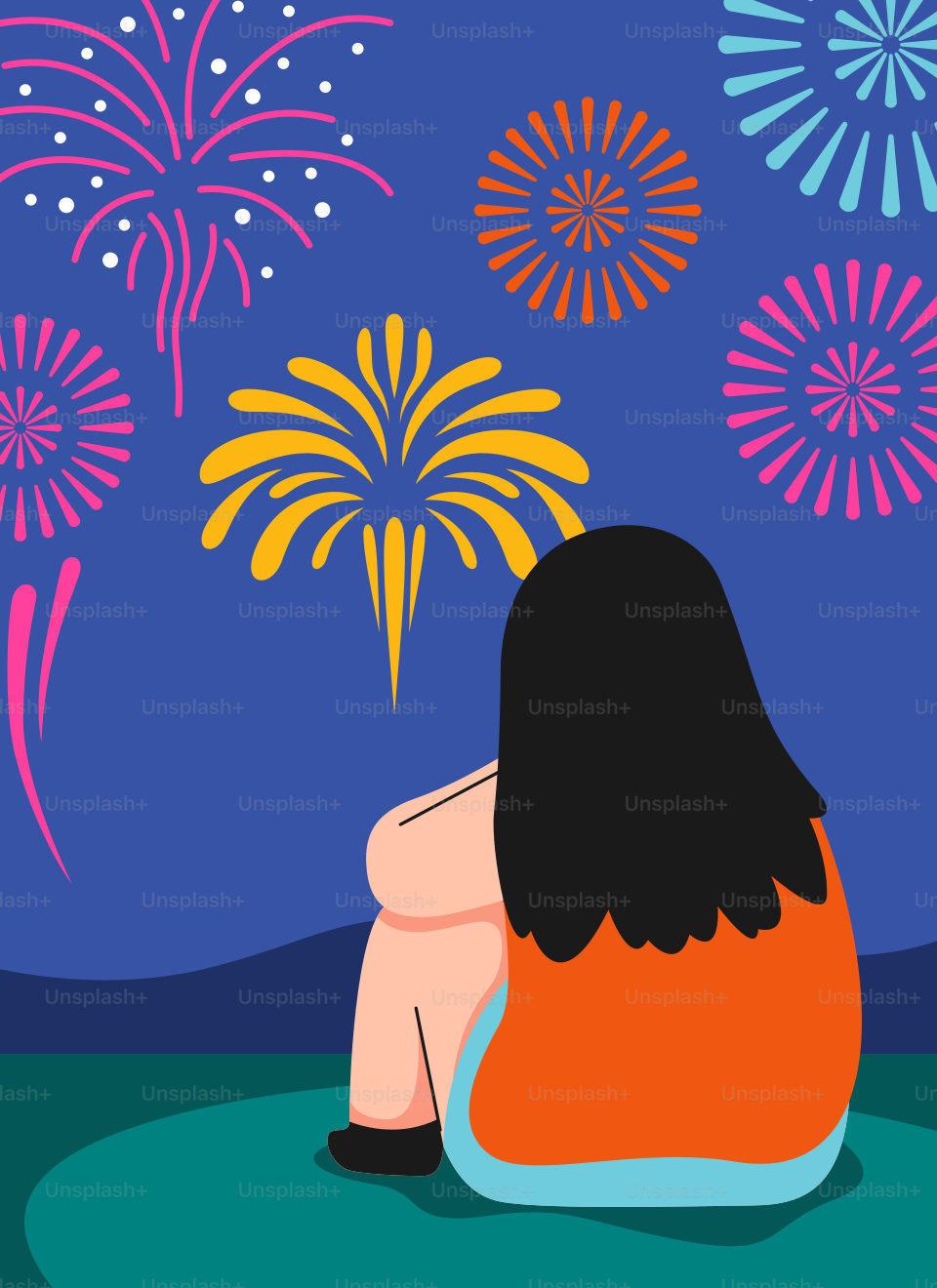 A woman sitting on the ground watching fireworks