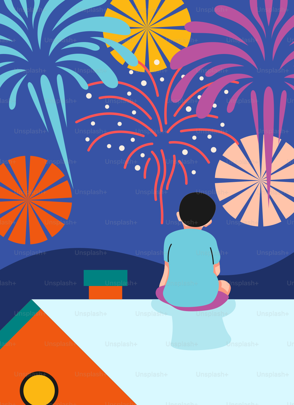 A person sitting on a roof with fireworks in the background